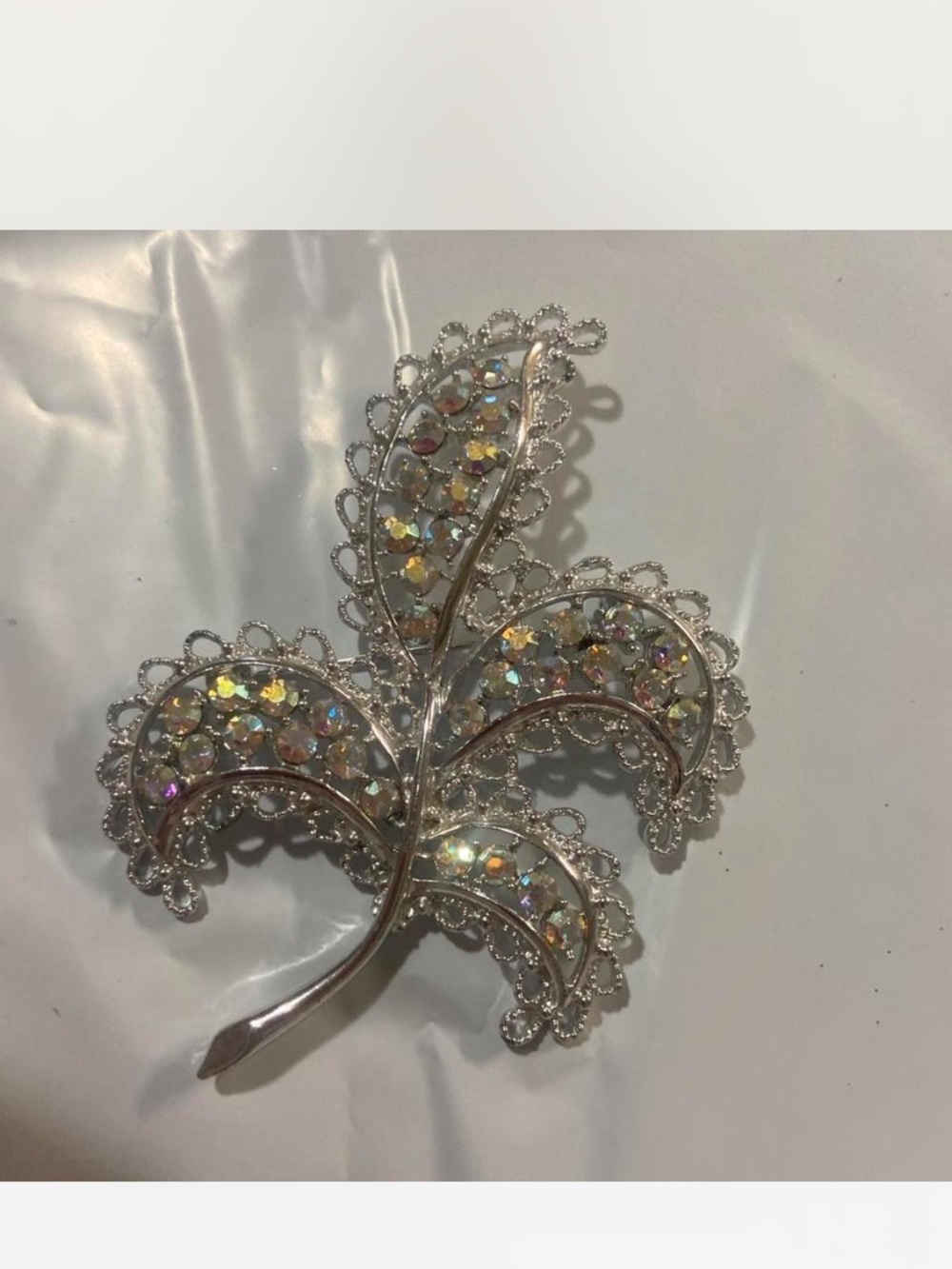 Crystal Leaf Brooch - Silver Tone with Aurora Borealis Rhinestones